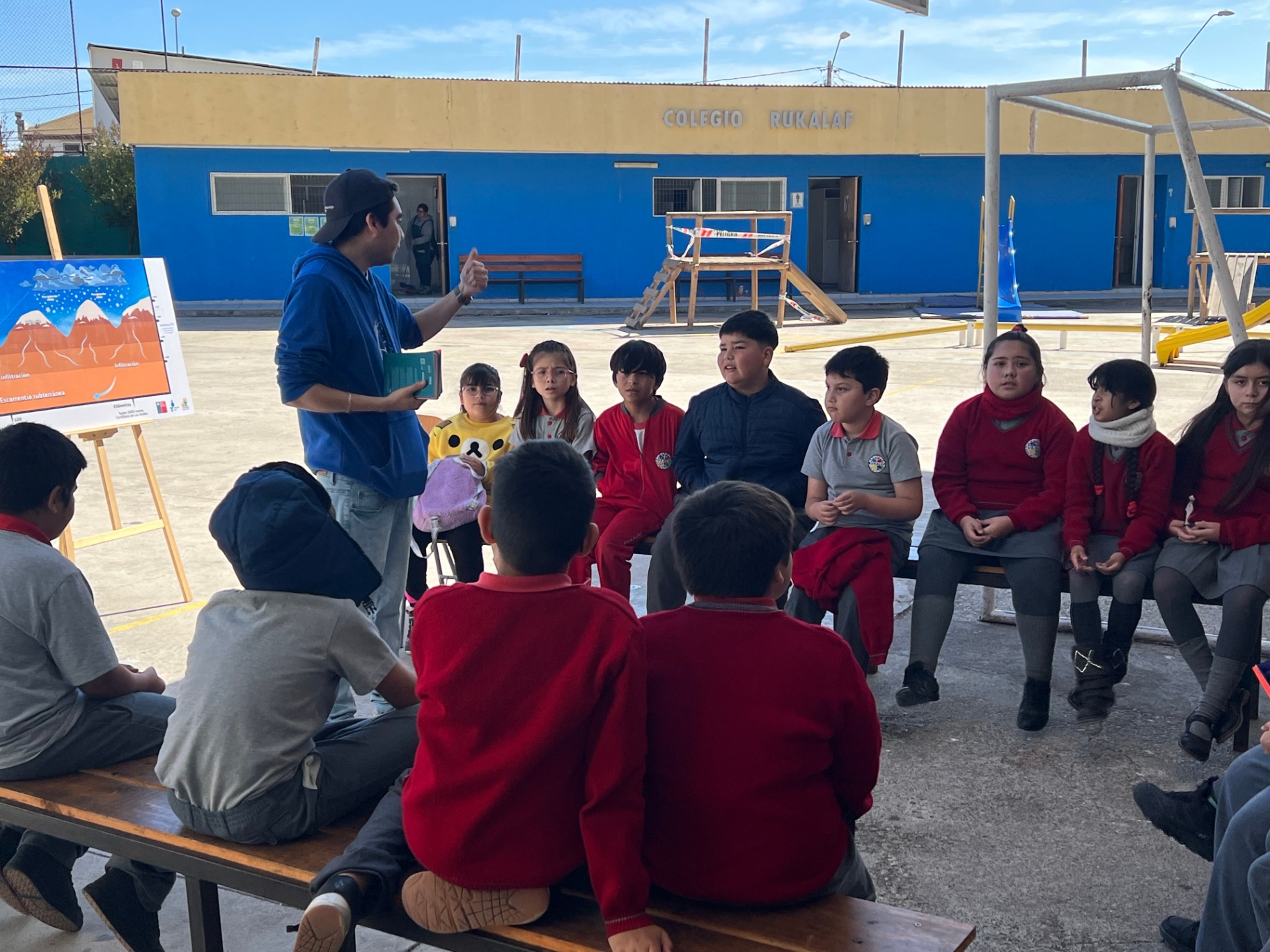 Charla científica sobre el ciclo del agua en el patio del Colegio Rukalaf